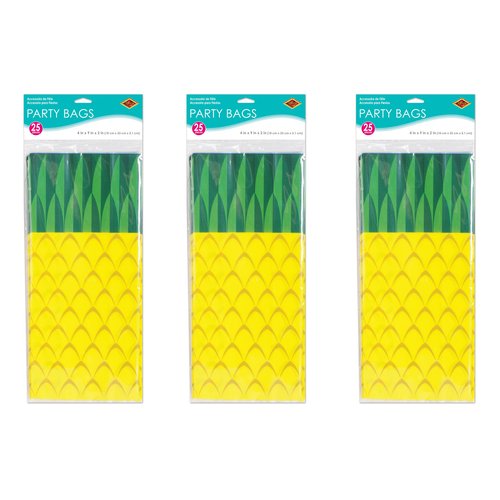 Beistle 75 Piece Tropical Treat Favor Bags - Luau Party Pineapple Cello Candy Bags With Twist Ties, Yellow/Green