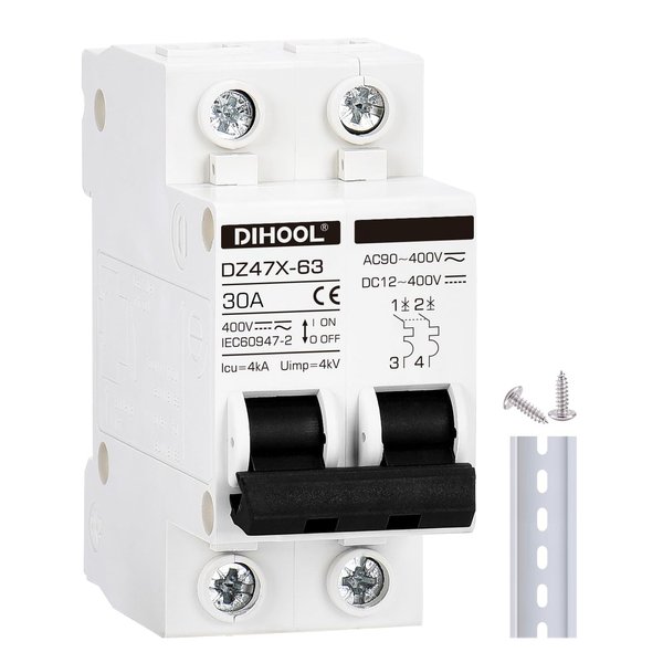 30 Amp 12V-400V AC DC Miniature Circuit Breakers (10A 15A 20A 25A 40A 50A 60A Optional) for Solar Panel PV System - Disconnect Switch, AC 110V DIN Rail MCB