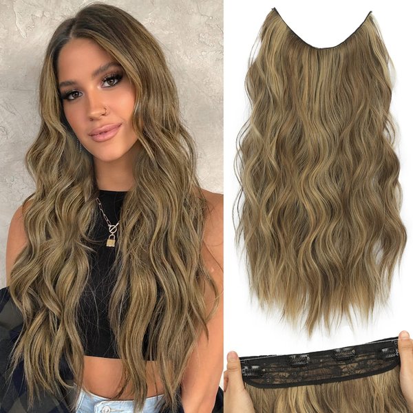 DeeThens Long Wavy Hair Extensions Honey Blonde with Highlight Transparent Fish Line Synthetic Hairpiece with 4 Secure Clips Adjustable Invisible Wire Headband for Women Daily Use（20 Inch）
