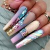 Extra Long Press on Nails Coffin Fake Nails French Tip False Nails Press ons Rhinestones Glitter Lines Glue on Nails Glossy Acrylic Nails Artificial Stick on Nails for Women Girls 24Pcs