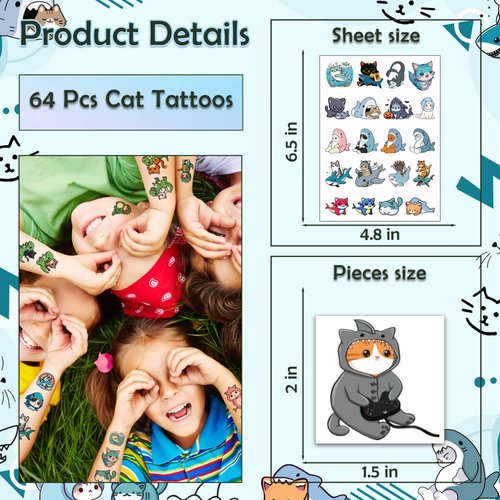 64 PCS Shark Temporary Tattoos for Party Supplies, Cat Tattoo Stickers for Birthday Parties, Dinosaur Tattoos Party Favor, Waterproof Birthday Tattoos. (Shark Dinosaur)