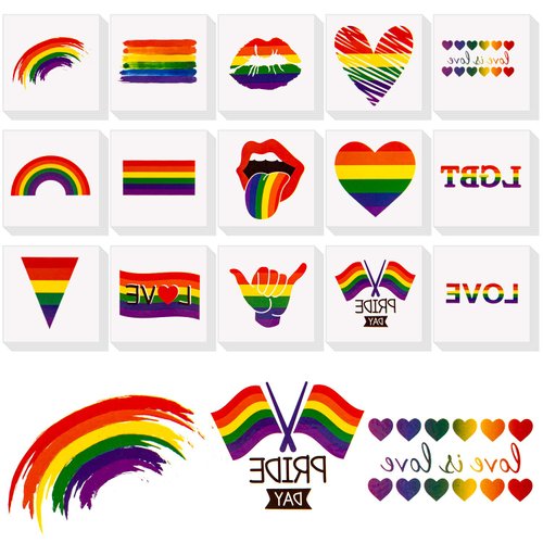 Whaline 150Pcs Gay Pride Tattoos LGBT Rainbow Temporary Sticker 15 Styles Rainbow Flag Heart Body Tattoo for Gay Pride Day Women Men LGBT Pride Parades Celebrations Festival Party Supplies