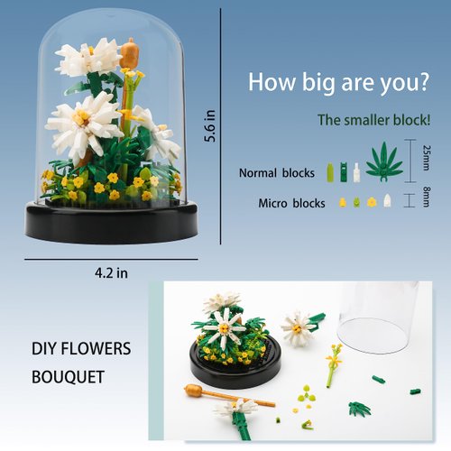 YaJie Flower Bouquet Building Set - White Daisy Blocks for Adults & Kids, 490 PCS DIY Mini Bricks, Unique Botanical Home Decor, Creative Gift for Women