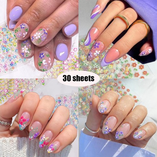 30Sheets Flower Nail Stickers 3D Self-Adhesive Colorful Flowers Cherry Blossoms Rose Daisy Nail Art Stickers Spring Summer Flower Nail Design Supplies DIY Heart Floral Bow Nail Decoration Charms Tips