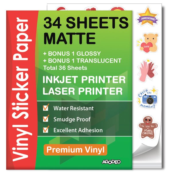 Premium Printable Vinyl Sticker Paper for Inkjet & Laser Printer - 34 Sheets Self-Adhesive Sheets Matte White Waterproof, Dries Quickly Vivid Colors, Holds Ink well- Tear Resistant