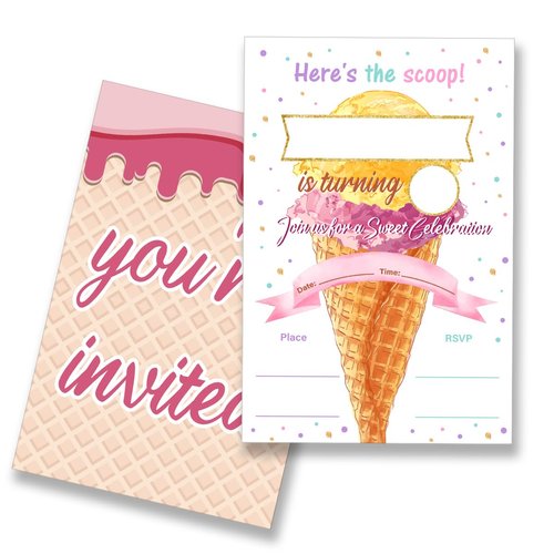 EUDOSI Ice Cream Birthday Party Invitations Supplies Fill-In Set of 20 with Envelopes Here's the Scoop Cone Birthday Bash Invites Cards, Double Sided