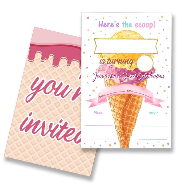 EUDOSI Ice Cream Birthday Party Invitations Supplies Fill-In Set of 20 with Envelopes Here's the Scoop Cone Birthday Bash Invites Cards, Double Sided