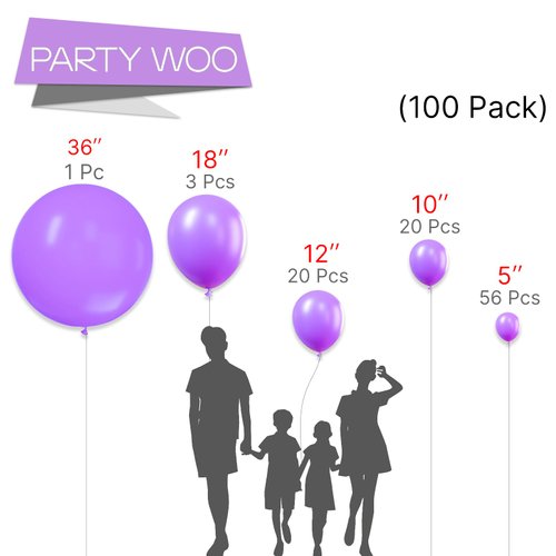 PartyWoo Lavender Balloons, 100 pcs Light Purple Balloons Different Sizes Pack of 36 Inch 18 Inch 12 Inch 10 Inch 5 Inch Purple Balloons for Balloon Garland or Arch as Party Decorations, Purple-Y15