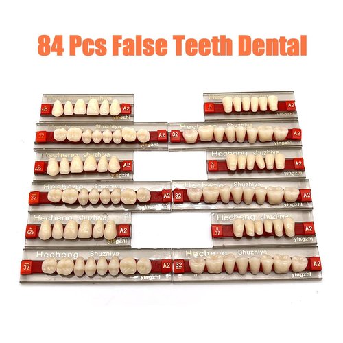 84 Pcs False Teeth Dental Complete Acrylic Resin Denture Teeth, 3 Sets Whole Teeth Synthetic Polymer Denture Tooth, 23 Shade A2 Upper + Lower Dental Materials for Replacement, DIY or Halloween