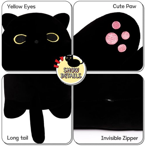 SNOWOLF Black Cat Plush Toy Soft Long Cat Pillow Plushies Doll Stuffed Animal Plush Body Pillow Black Sesame Meowchi Sofa Throw Pillow Decoration Gift for Kids Girl, 50cm/19.7inch