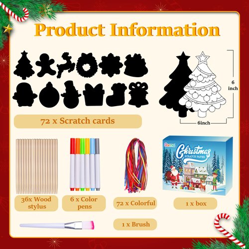 Garma 72Pcs Christmas Crafts Scratch Art for Kids, Rainbow Scratch Paper Christmas Ornaments Crafts Christmas Party Favors Toys Xmas Tree Ornaments Hanging Craft Art Kits