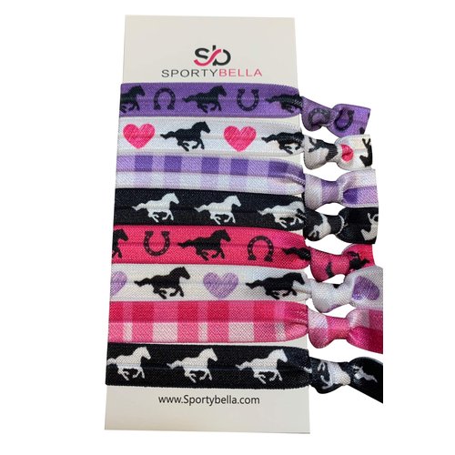 Sportybella Horse Hair Ties (Pink/Purple)- Hair Accessories for Girls, No Crease, No Tug Hair Elastics Set. Girls Hair Accessories with Horse Design, Ponytails Hair Tie Gift for Equestrians, 8pcs.
