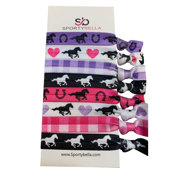 Sportybella Horse Hair Ties (Pink/Purple)- Hair Accessories for Girls, No Crease, No Tug Hair Elastics Set. Girls Hair Accessories with Horse Design, Ponytails Hair Tie Gift for Equestrians, 8pcs.