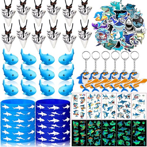 Moltby 110 Pieces Shark Party Favors - Shark Birthday Party Supplies Including Shark Keychains, Shark Tooth Necklaces, Shark Bracelet Tattoos for Shark Themed Birthday Party Decorations