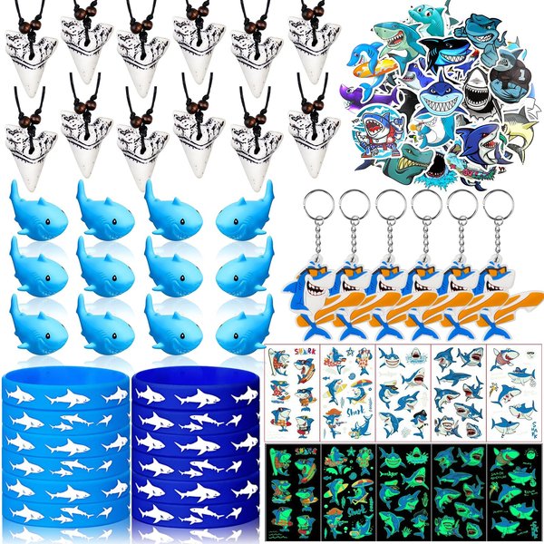 Moltby 110 Pieces Shark Party Favors - Shark Birthday Party Supplies Including Shark Keychains, Shark Tooth Necklaces, Shark Bracelet Tattoos for Shark Themed Birthday Party Decorations