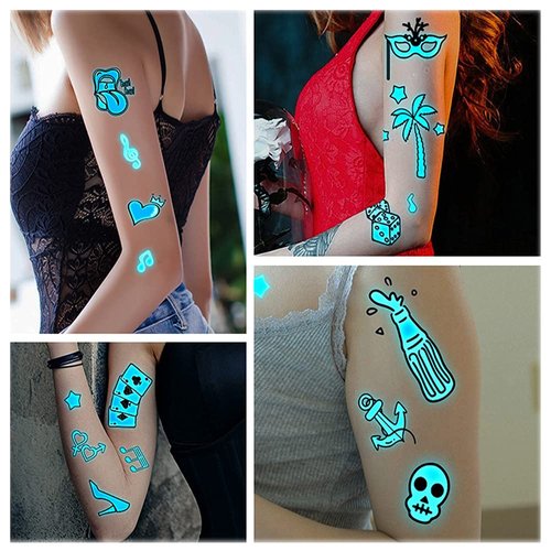 Neon Tattoo Stickers Black Lights for Glow Party Blue Luminous Temporary Tattoos 12 Sheets UV Jewellery Body Shimmer Fake Skin Tattoo for Women Girls Body Face Art Accessories