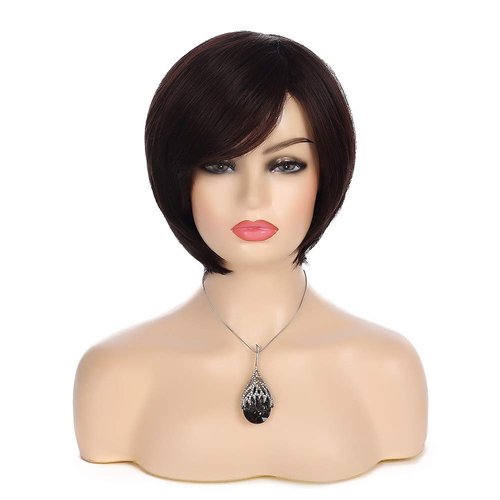 Baruisi Short Brown Bob Wigs for Women Synthetic Straight Side Bangs Costume Hair Wig for Party Daily Use