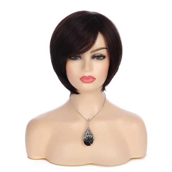 Baruisi Short Brown Bob Wigs for Women Synthetic Straight Side Bangs Costume Hair Wig for Party Daily Use