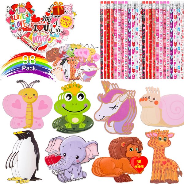 Zayvor 24 Valentines Day Cards Assortment,24 Valentine Pencils with Top Eraser,50 Valentine Stickers Bulk, Kids Gifts Valentine's Day Classroom Exchange Prizes Party Favor Supplies Teacher Gifts