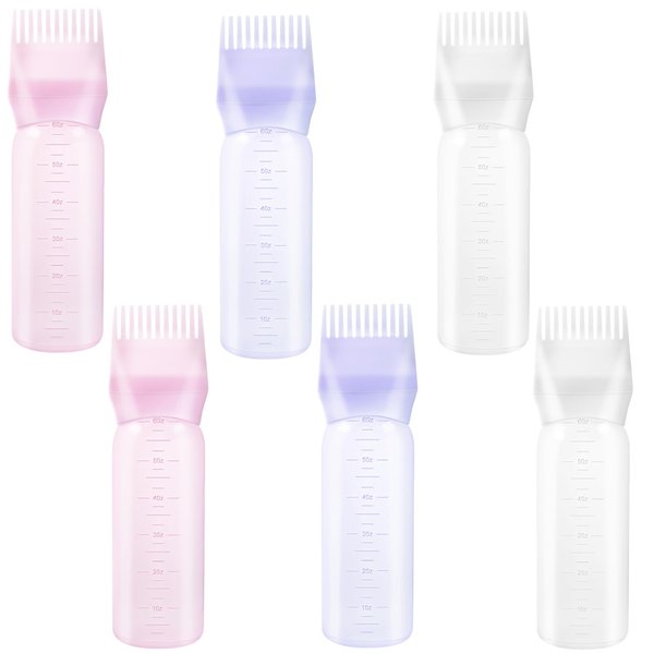 BOSMIOW 6PCS 6oz/180ml Root Comb Applicator Bottle,Hair Oil Applicator with Comb,Plastic Hair Dye Bottle Applicator Brush,Applicator Bottle with Graduated Scale,Pink,Purple,White