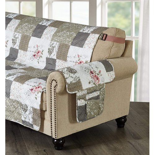 Brilliant Sunshine Rose and Toile Patchwork Sofa Armrest 5 Pockets Organizer, Slip Resistant Couch Chair Armrest Caddy, Storage for TV Remote Control, Phone, Glasses, Magazine, 35"×13", Rose Grey