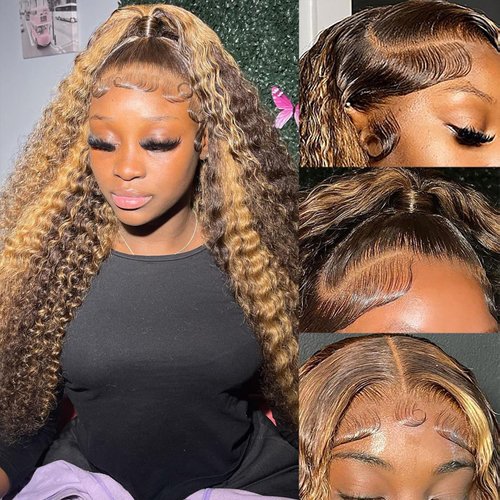 QueenYoung Deep Wave Highlight Lace Frontal Wigs Human Hair Pre Plucked Honey Blonde Hd Ombre Lace Front Wig Human Hair 13x4 Lace Front Wigs Human Hair 180 Density 18inch