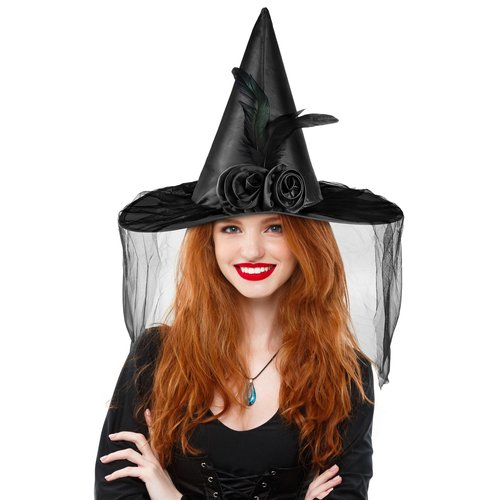 Landisun Halloween Women Witch Hat witches hats for women Black Witch Hat Adult Wicked One Side Veils (Half Veil) Costume Cosplay Party Girl