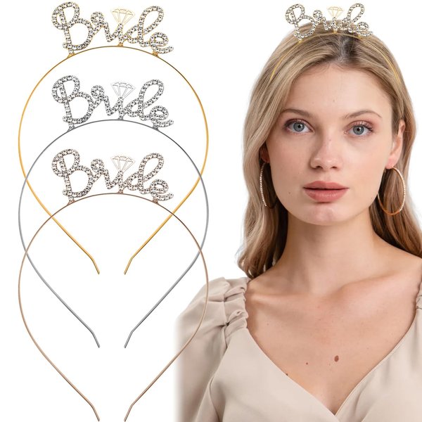 Arvintas 3 PACK Rhinestone Bride Headband, Shower Headband, Bride Crown Headband Sparkling Bachelorette Party Bridal Headband Wedding Party Headbands for Women Girls (Style 2)