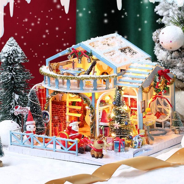 YKSAMU DIY Dollhouse Miniature Kit with Furniture, DIY Christmas Wooden Tiny House Building Set for Adults and Teens, Creative Room Decor Gift for Family and Friends (Blue)
