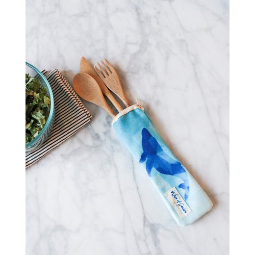 Waves of Change Reusable Bamboo Utensil Set w/Recycled Plastic Utensil Carrying Pouch, Whales
