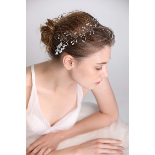 fxmimior Bride Hair Accessories Crystal Hair Vine Earrings Sets Headband Wedding Hair Comb Evening Party Hair Piece (silver) (headband ONLY)…