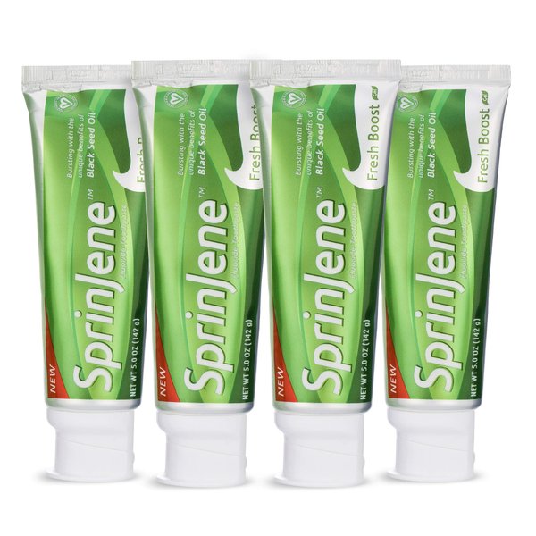 SprinJene Fluoride Toothpaste with Patented Black Seed Oil and Zinc - Certified Vegan, Cruelty-Free, Gluten-Free, Kosher, Halal, Natural Teeth Whitening Toothpaste (Fresh Boost) (4 Pack)