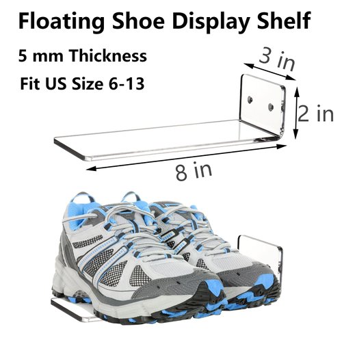 Youeon 6 Pack Floating Shoe Display Shelf, 8 x 3 Inch Acrylic Shoe Shelf for Wall, Floating Sneaker Shelves, Floating Shoe Shelves for Bedroom, Gaming Room, Sneaker Collection, Easy to Install