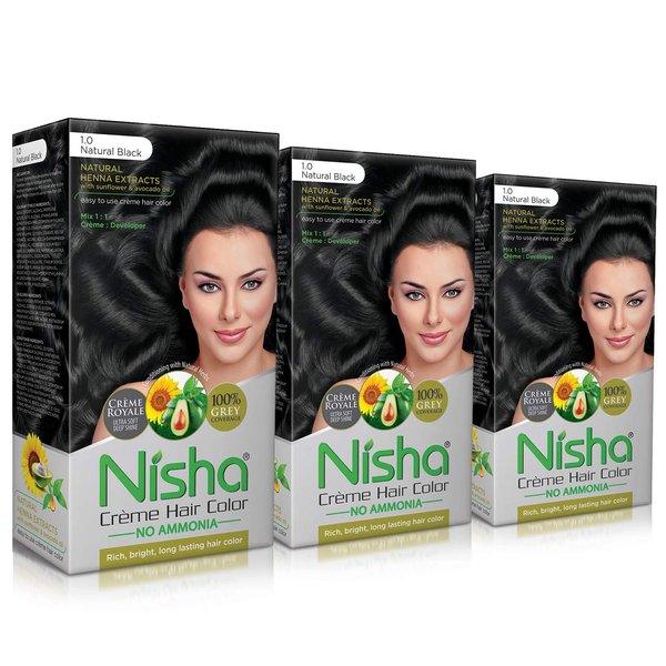 Nisha Creme Hair Color Pack of 3 Natural Black,Beautiful Color Permanent Hair Dye,Long-Lasting High-Definition Color,Shine & Silky Softness, Permanent Hair Color,Ammonia Free, Vegan, Cruelty Free