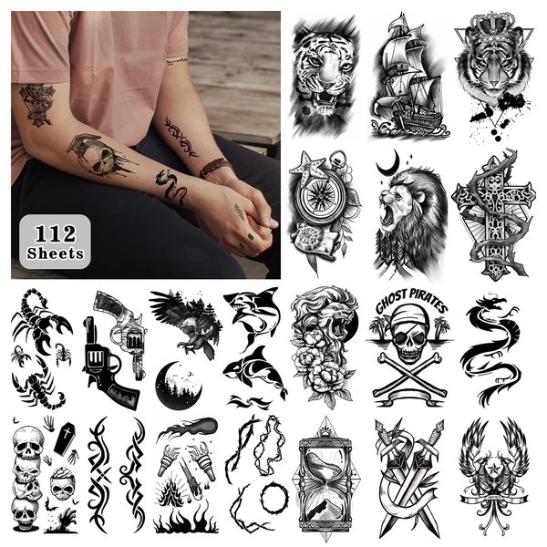 Cerlaza 112 Sheets Custom Temporary Tattoos for Men, Temporary Tattoos Adult Small Fake Tattoos for Neck Arm Finger, Tatuajes Temporales Men Tiger Wolf Lion Dragon Tattoo Stickers