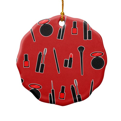 Makeup Lipstick Mascara Eyeliner Pattern Porcelain Scalloped Holiday Christmas Tree Ornament - 2.8" (7.1 cm)