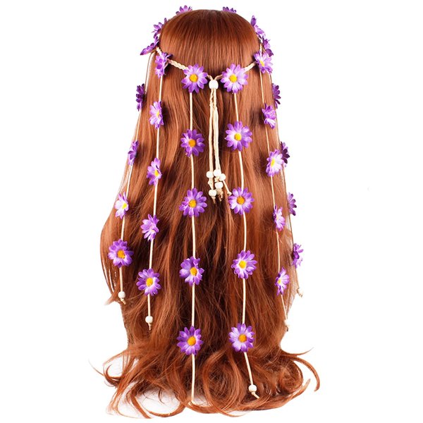 Sunflower Headband Flower Daisy Hippie Indian Boho Hair Bands Tassel Bohemian Floral Beads Halloween Hair Hoop Women Crown Hairband Party Decoration Cosplay Costume Headpiece Hair Accessories Purple