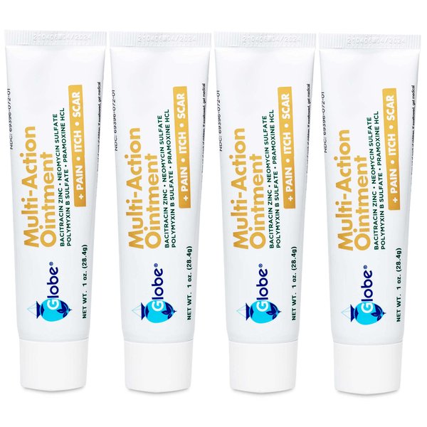 (4 Pack) Globe (1 oz) First Aid Antibiotic Pain, Anti-Itch, & Scar Ointment with Neomycin, Bacitracin Zinc, Pramoxine HCl & Polymyxin B, for Minor Cuts, Scrapes & Burns