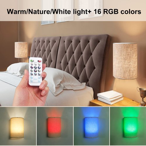Arixinks Wireless Wall Light with Remote,Battery Operated Wall Sconce Light Set of Two,RGB Indoor Wall Lamps with Fabric Shade,Wall Reading Light for Bedroom Living Room Hallway with Dimmer