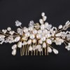 Teyglen Pearl Bride Wedding Hair Comb Flower Crystal Hair Piece Bridal Pearl Hair Comb Rhinestone Headpiece Hair Accessories for Women Girls (Gold)