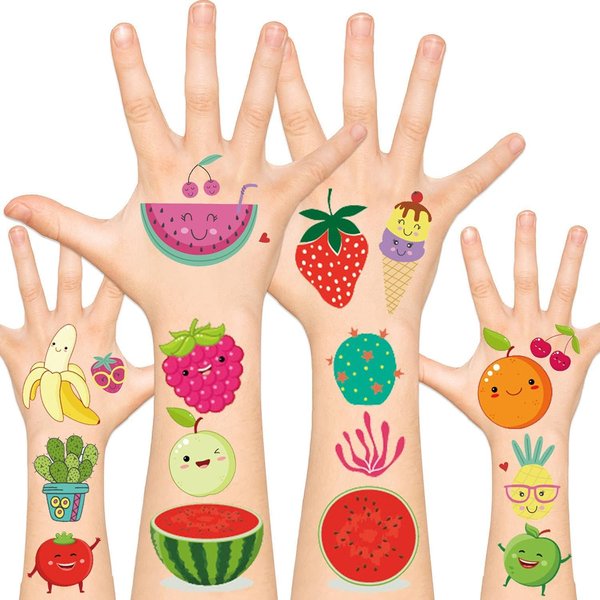 Leesgel 110 pcs Temporary Tattoos for Kids, Fruity Mexican Fiesta Cactus Watermelon Party Supplies Favors Decorations Accessories, Waterproof Fake Kids Tattoos Stickers for Girls Boys Kids