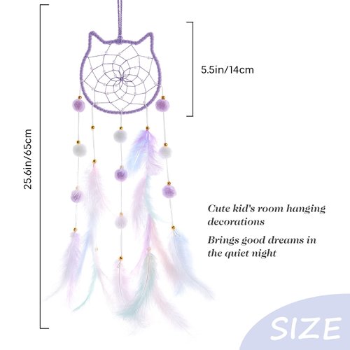 Pretty Jolly Purple Cat Kids Dream Catcher Wall Decor Pompom Feather Baby Dreamcatcher Handmade Children Dream Catcher Home Décor Wall Hanging for Nursery Bedroom Boys Girls Birthday Gift-25.6in