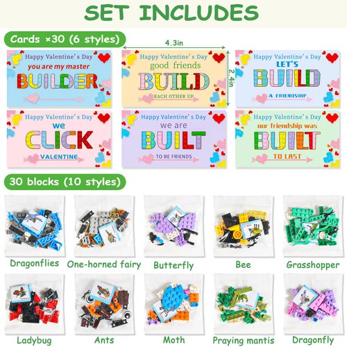 30 Pcs Valentines Day Gifts for Kids classroom-valentines insect blocks，kids valentines day cards with Animal Building Blocks for Boys Girls，Class Valentines Gifts Exchange, Party Favors,Valentines