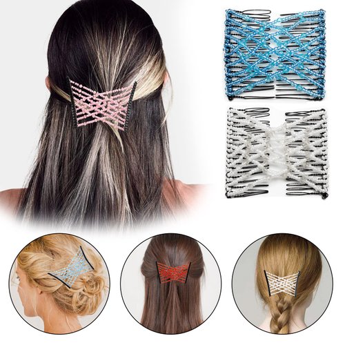 4 PCS Magic Elastic Hair Comb, Stretch Bead Pearls Hair Clips Double Slides Stretching Crystal Hairpins Combs for Women Girl Popular DIY Hair Styling Accessories ( Red Blue White Pink )