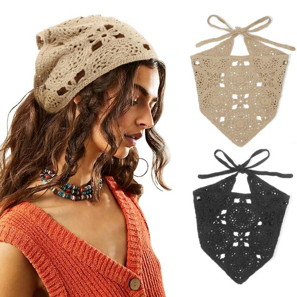 DRESHOW Floral Crochet Hair Bandana 2 PCS Tie Knotted Headscarf Vintage Headband Knitted Head Kerchief for Women & Girls
