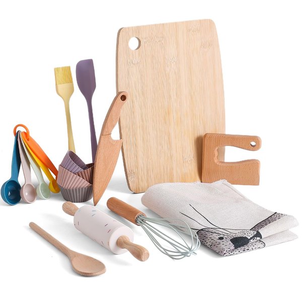 IEATFO Wooden Kids Cooking & Baking Set for Real Cooking, 14 PCS Toddler Montessori Kitchen Tools,Kids Cooking Utensils with Wooden Knife Set,Cutting Board,Apron and Rolling Pin, Food Grade Materials