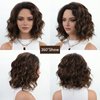 RENERSHOW Layered Short Ombre Brown with Blonde Highlight Wavy Bob Wigs for Women Mid-length Brown Wave Curly Wig Synthetic Side Part Natural Looking Daily Party Wig