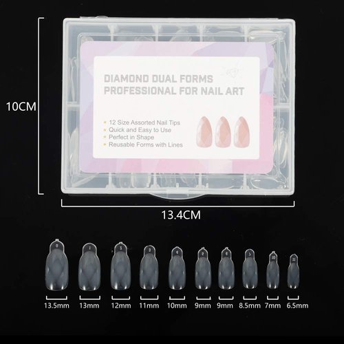 NMKL38 120PCS/Case Diamond Dual Forms for Polygel Nail Extension Mold Clear Full Cover False Nail Tips Hybrid Gel Acrylic Nail System Forms 12 Sizes