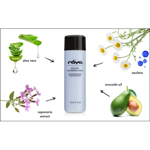 Raya Azulen Facial Cleansing Milk 8 oz (150) | Calming and Refining, Soap-Free Fluid Cleanser and Make-Up Removing Lotion | Made with Azulene Extract and Aloe Vera | Great for Sensitive Skin