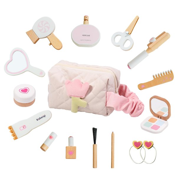 16Pcs Wooden Makeup Toy Set for Toddlers, Pretend Play Beauty Salon Kit with Styling Tools, Cosmetics and Storage Bag for Kids Age 3 4 5 6 7 8 Years Old